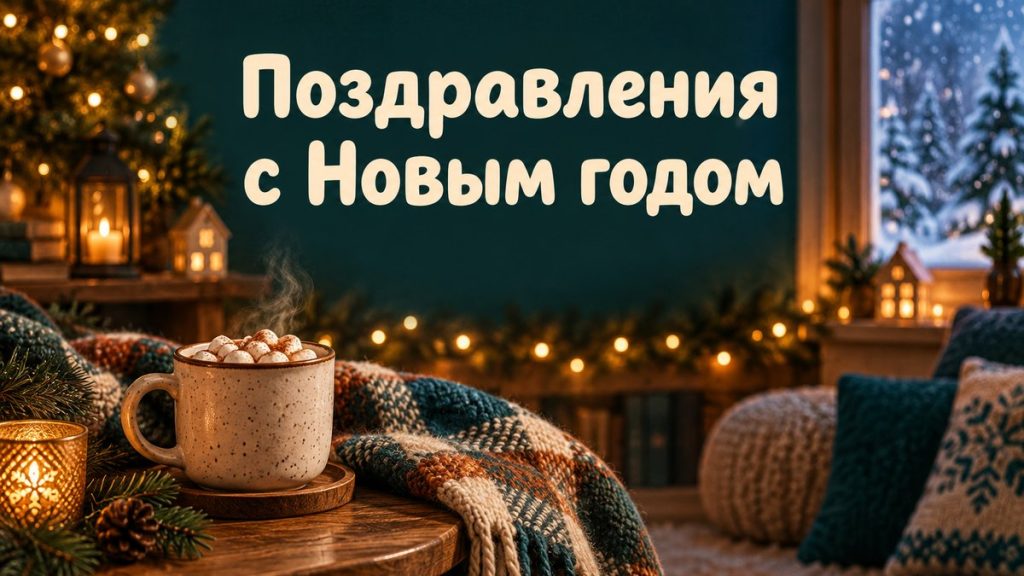 Поздравления с Новым годом своими словами Какао і плед у святковому інтерʼєрі з гірляндою
