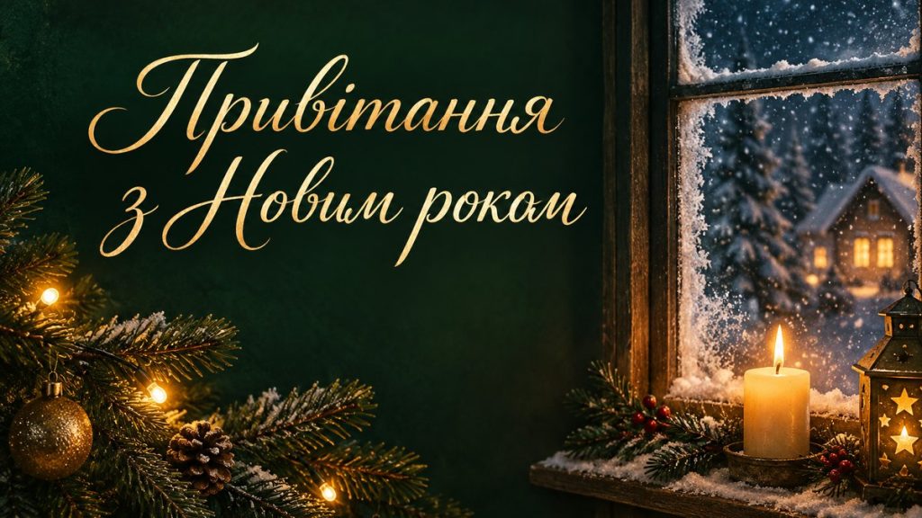 Привітання з Новим роком Ялинкова гілка і свічка біля зимового вікна