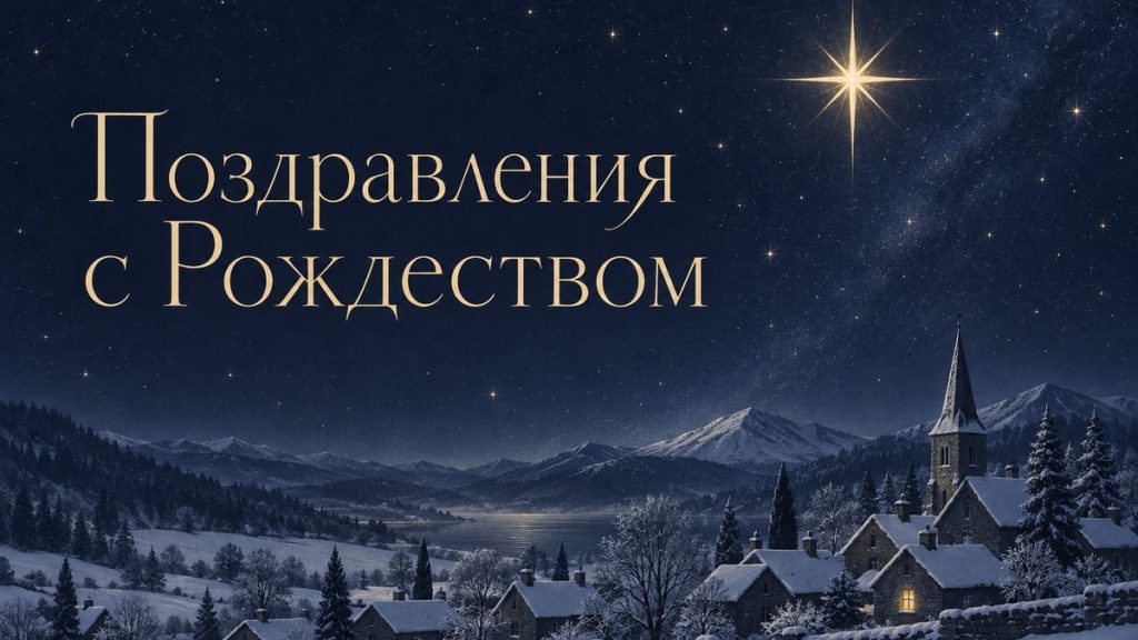 Поздравления с Рождеством Засніжене село і різдвяна зоря у нічному небі