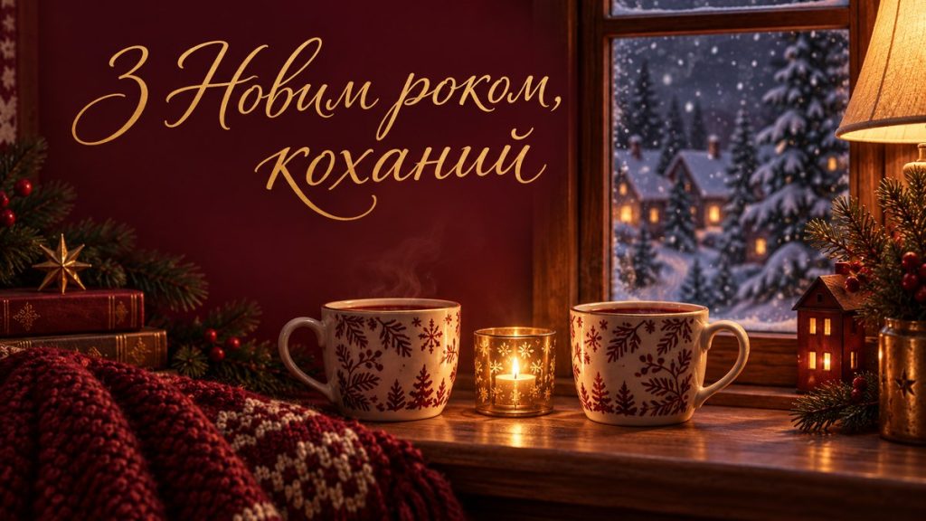 З Новим роком, коханий Дві чашки і свічка на підвіконні під снігопадом