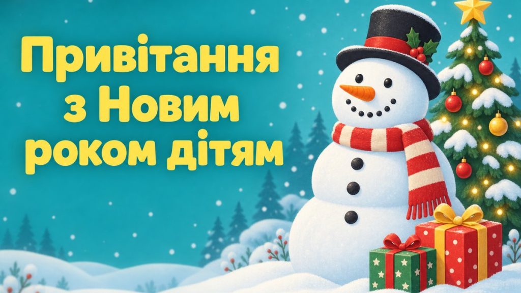 Привітання з Новим роком для дітей Сніговик у капелюсі біля ялинки з подарунками