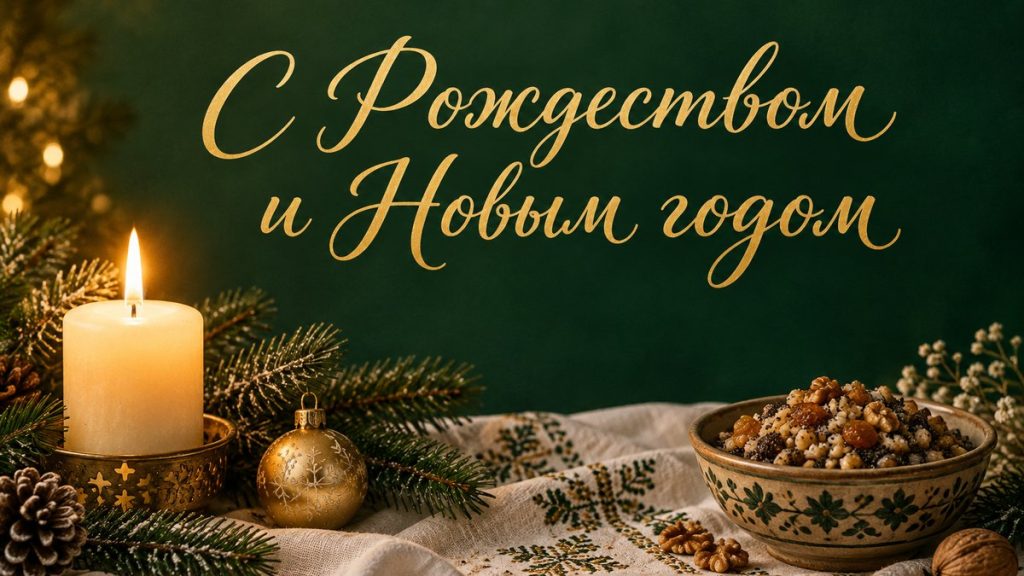 Свічка, ялинкова гілка і кутя на вишитій скатертині