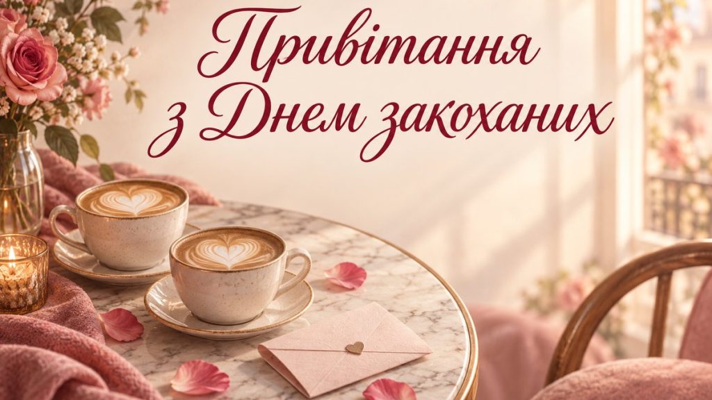 Привітання з Днем закоханих Дві чашки кави і конверт на столі біля вікна