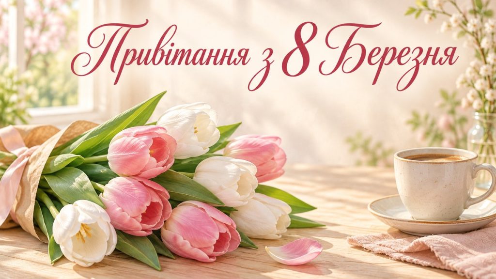Букет тюльпанів і чашка кави на світлому столі