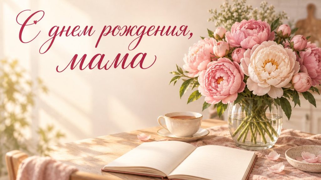 Півонії у вазі, чай і блокнот на кухонному столі