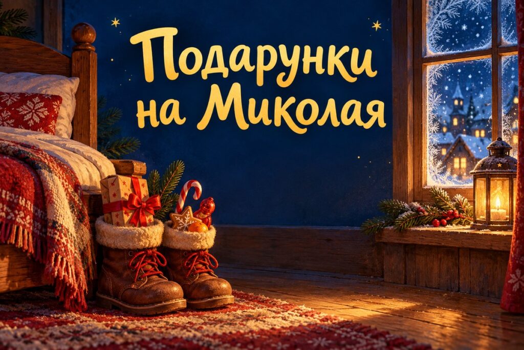 Дитячі чобітки з подарунком біля зимового вікна