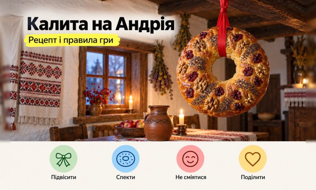 Калита з горіхами і вишнями на червоній стрічці під дерев’яним сволоком