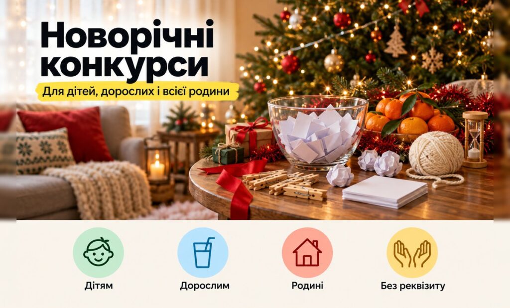 Святковий стіл з реквізитом для новорічних конкурсів: сніжки, мандарини, фанти, прищіпки