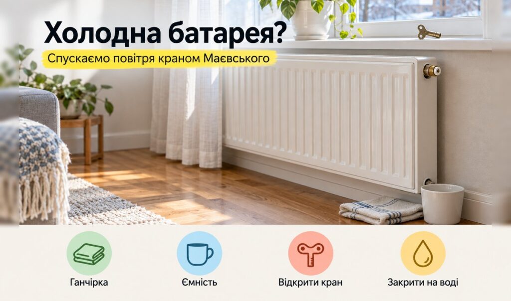 Біла батарея під вікном з краном Маєвського вгорі, ємність і ганчірка під ним