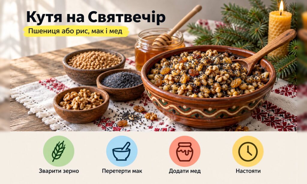 Кутя з пшениці з маком, горіхами і медом у мисці на вишитому рушнику