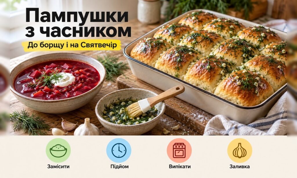 Пампушки з часником до борщу: рецепт, пісний варіант і заливка Пампушки з часником і кропом у формі поруч з тарілкою борщу