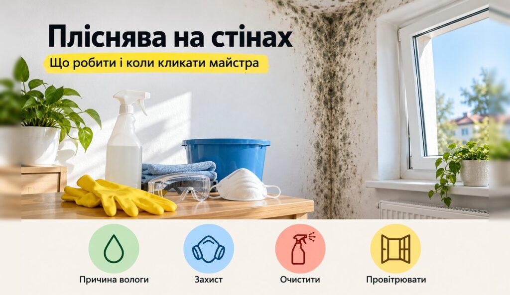Пліснява на стінах: що робити, чим обробити і коли кликати фахівця Пліснява в куті біля вікна, на столі рукавички, окуляри, респіратор і розпилювач