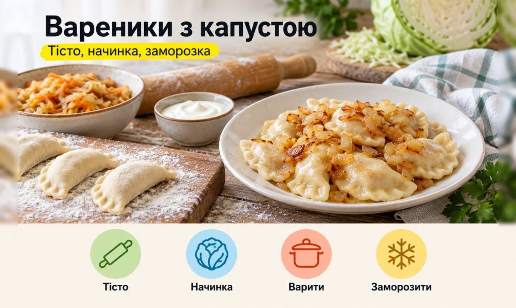 Вареники з капустою і засмаженою цибулею на тарілці, начинка і тісто на дошці