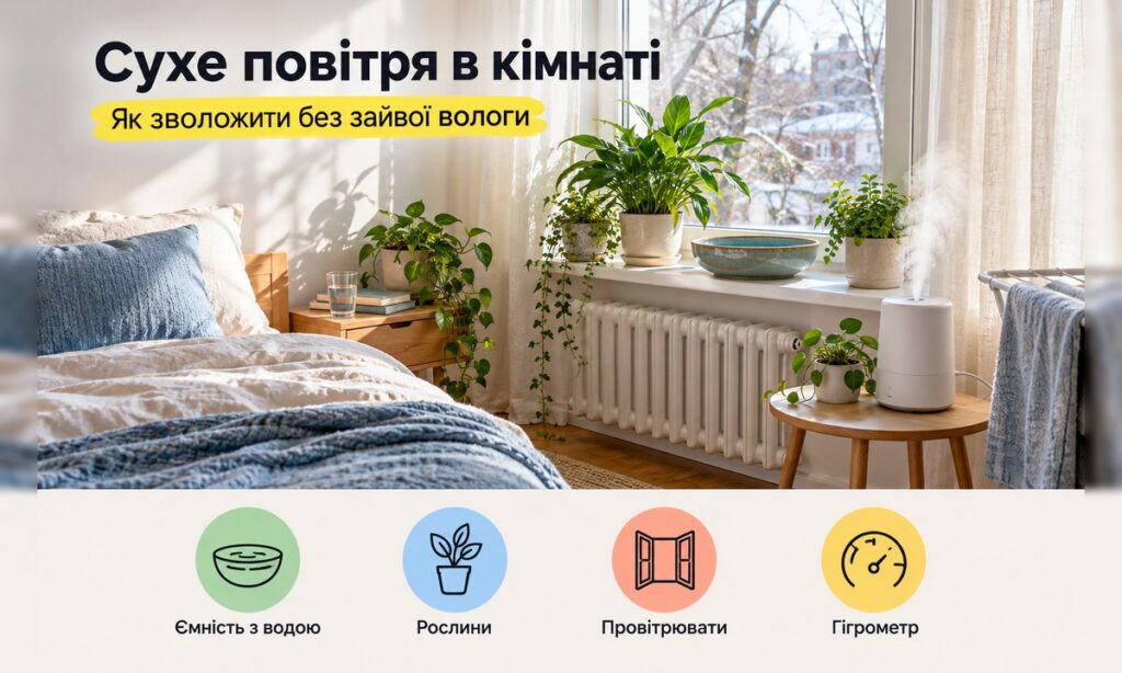 Світла спальня з рослинами, ємністю з водою і зволожувачем біля вікна