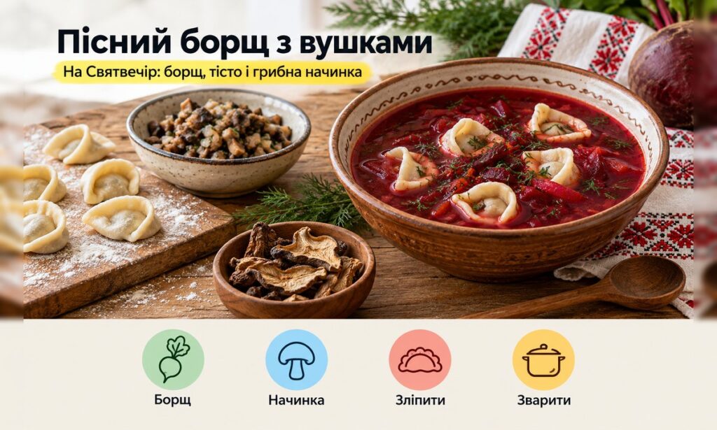 Пісний борщ з вушками на Святвечір: рецепт борщу і вушок Пісний червоний борщ з вушками з грибами в мисці на святвечірньому столі