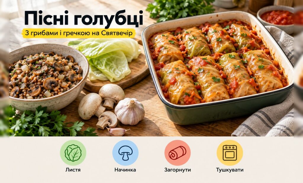 Пісні голубці з грибами і гречкою у формі під томатним соусом