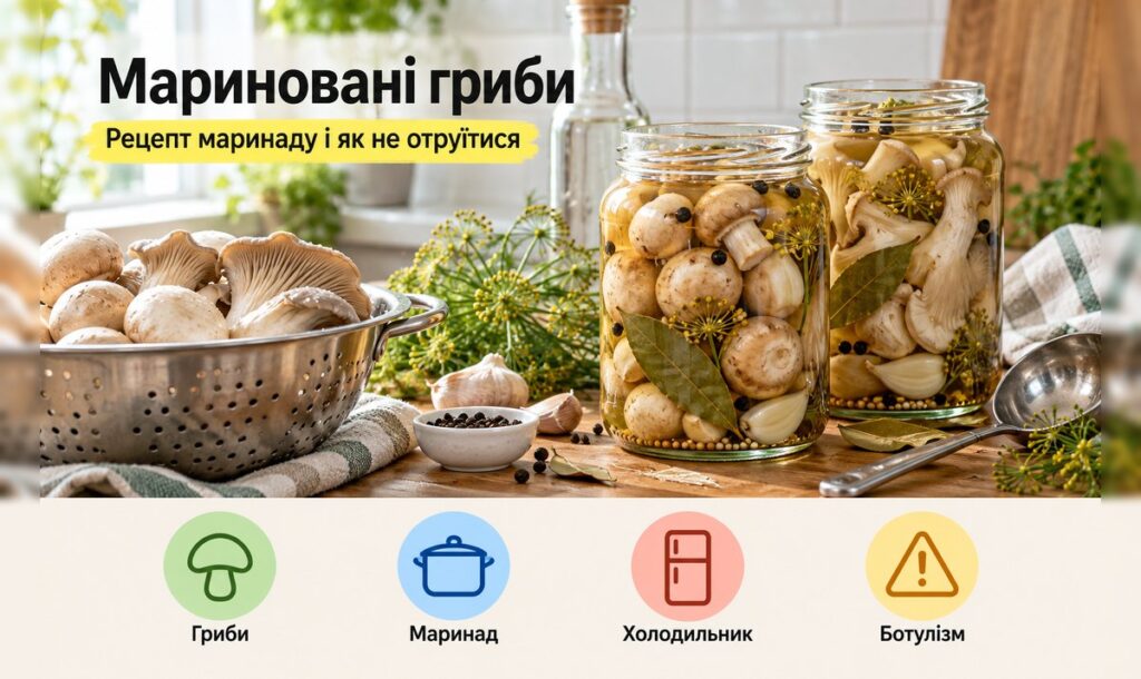 Мариновані гриби в скляних банках з лавровим листом і перцем
