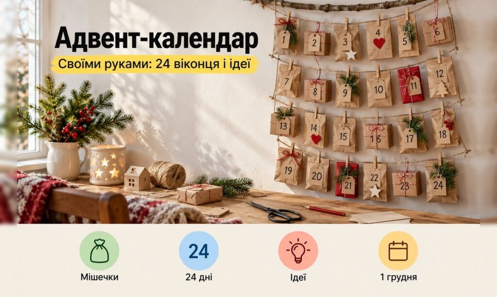 Адвент календар своїми руками: 24 крафтові мішечки з номерами на мотузці