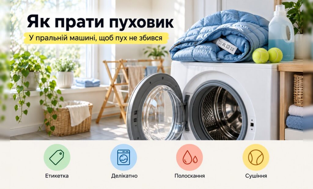Як прати пуховик у пральній машині: пуховик і тенісні мʼячики біля пральної машини