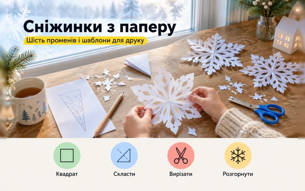 Сніжинки з паперу: як скласти на шість променів і шаблони Сніжинки з паперу: шестипроменеві сніжинки і дитячі ножиці на столі