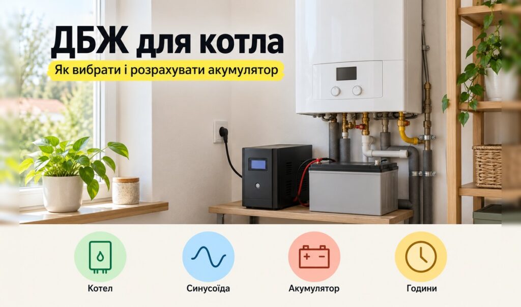 ДБЖ для котла: газовий котел на стіні, ДБЖ і акумулятор під ним