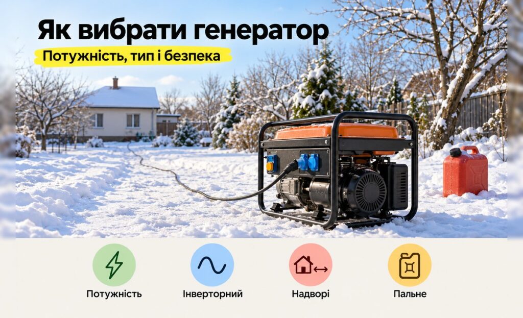Як вибрати генератор для дому: потужність, тип і де ставити Як вибрати генератор для дому: бензиновий генератор у снігу далеко від будинку