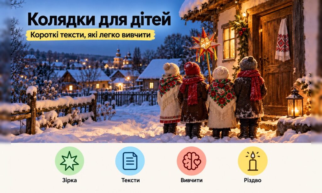 Колядки для дітей: діти зі звіздою колядують біля хати взимку