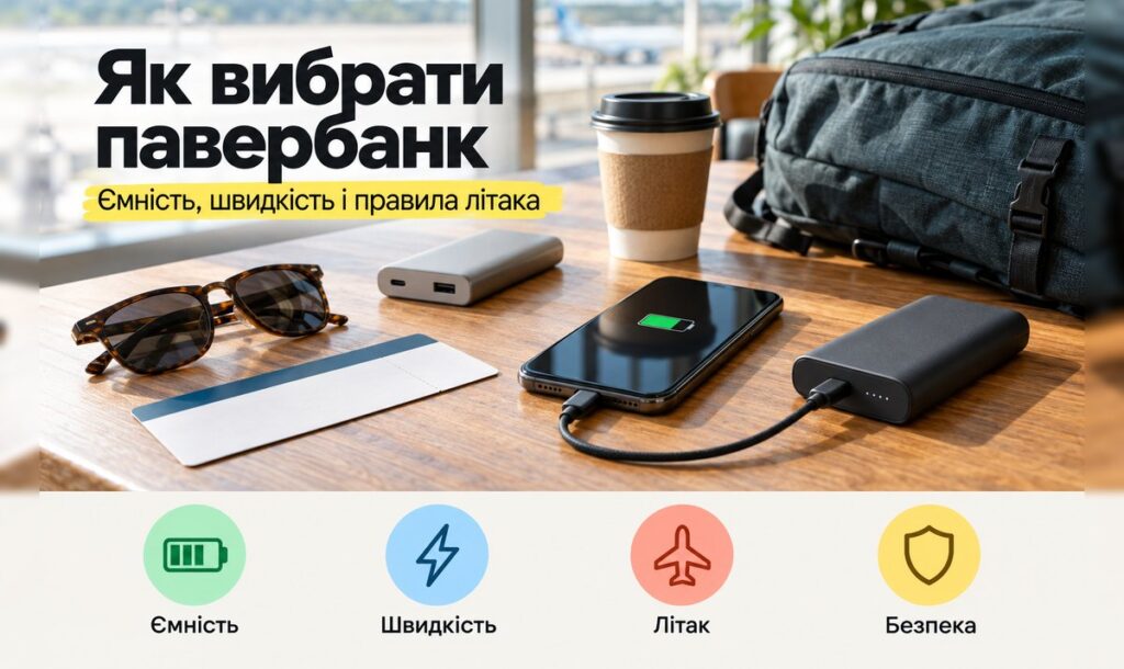 Як вибрати павербанк: павербанк заряджає смартфон поруч з рюкзаком і кавою