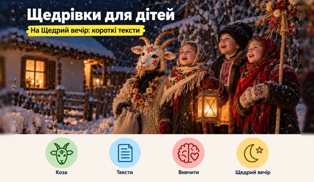 Щедрівки для дітей: діти з Козою щедрують увечері біля хати
