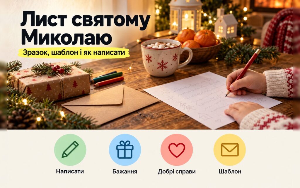Лист святому Миколаю: дитина пише лист олівцем, поруч конверт і подарунок