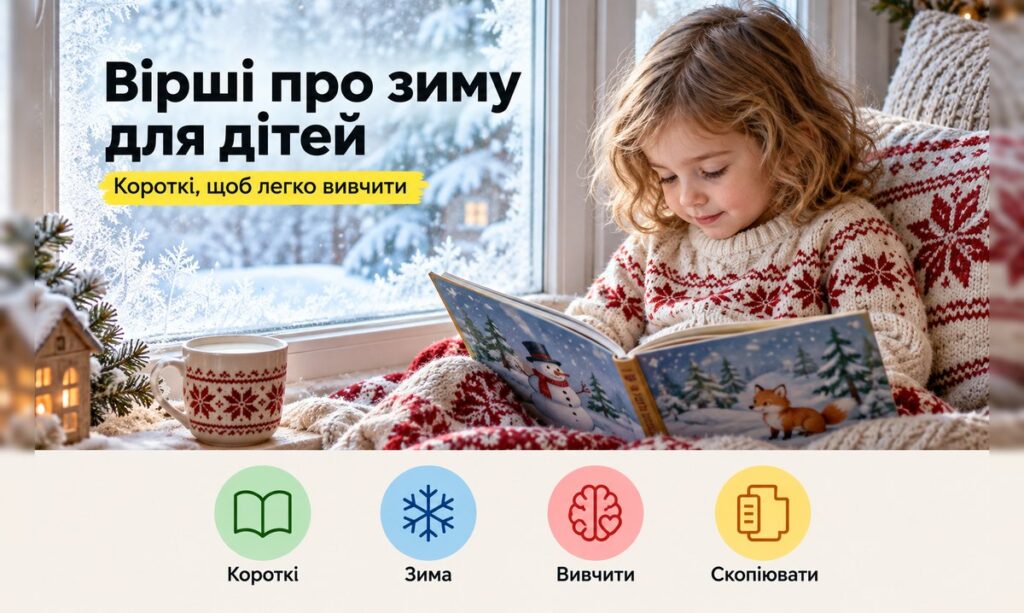 Вірші про зиму для дітей: дитина читає книжку біля вікна, за яким падає сніг