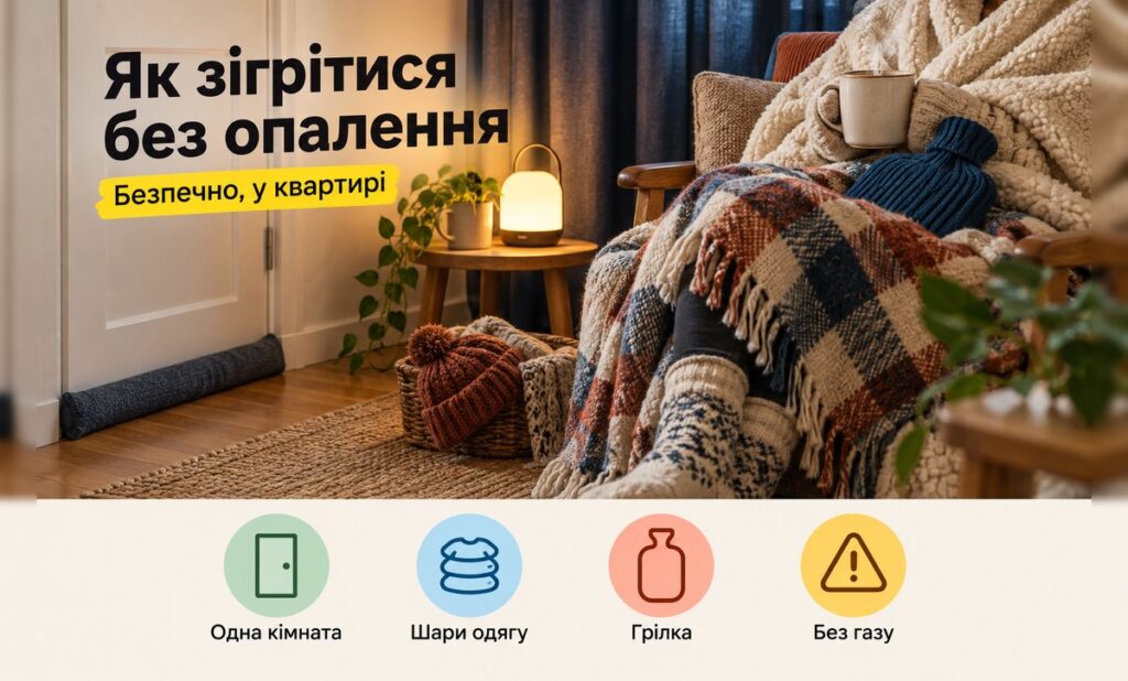 Як зігрітися без опалення: людина в ковдрі з чашкою чаю і грілкою в теплій кімнаті з задернутими шторами