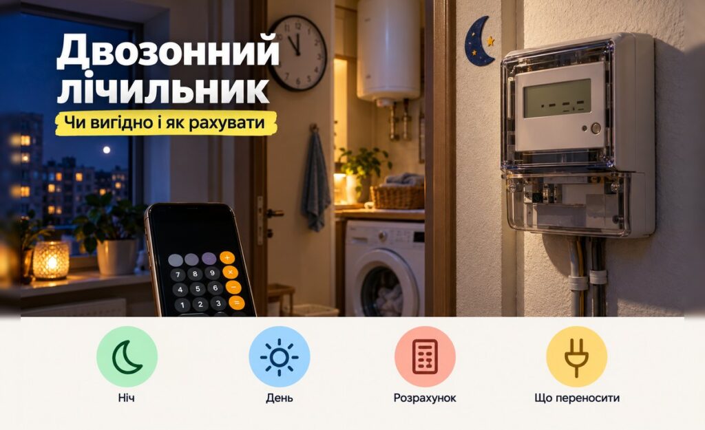 Двозонний лічильник: електронний лічильник на стіні вночі і калькулятор у телефоні