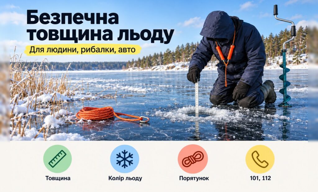 Безпечна товщина льоду: людина міряє товщину прозорого льоду біля лунки