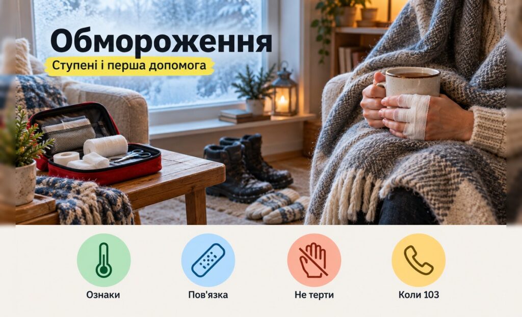 Обмороження перша допомога: людина в ковдрі з пов'язкою на пальцях і чашкою теплого чаю