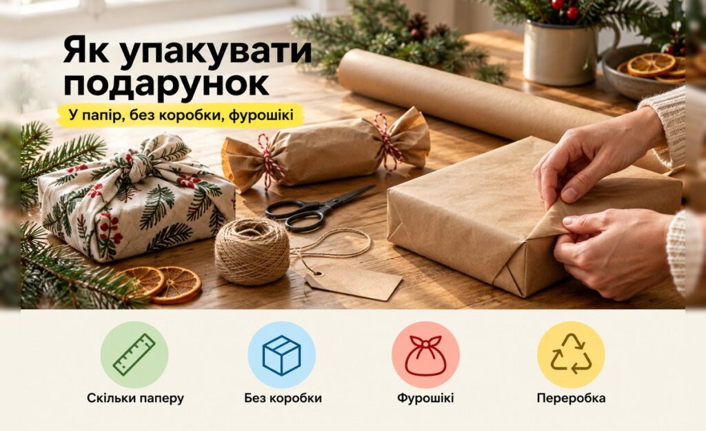 Як упакувати подарунок: руки загортають коробку в крафтовий папір, поруч подарунок у тканині
