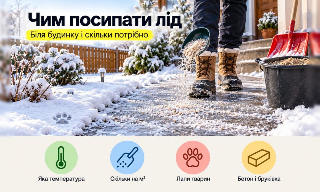 Чим посипати лід біля будинку: сіль, пісок і скільки треба Чим посипати лід: людина в чоботях посипає зледенілу доріжку біля будинку піском із відра