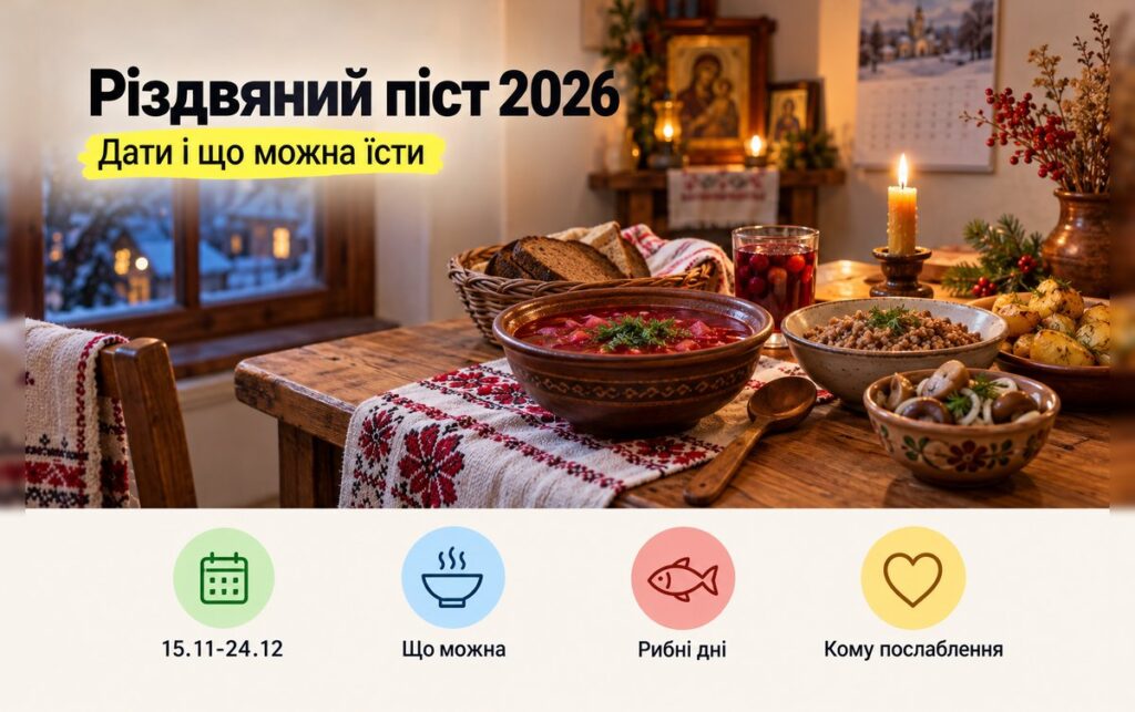 Різдвяний піст 2026: пісний стіл з борщем, кутею, грибами і свічкою біля вікна взимку