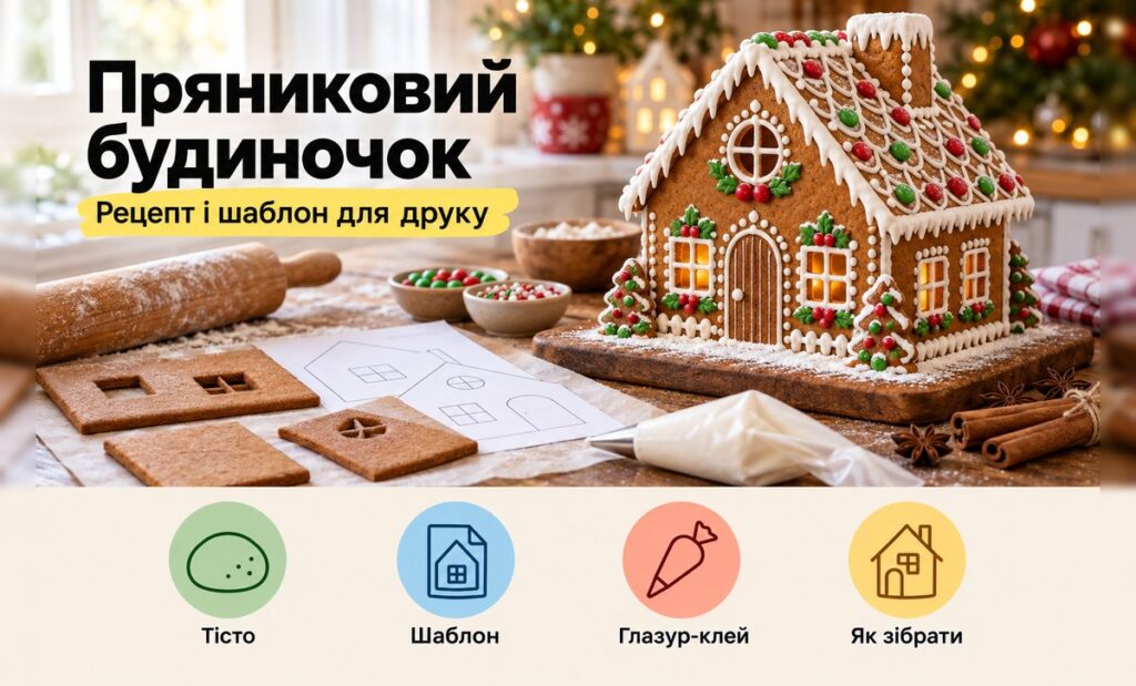 Пряниковий будиночок: прикрашений будиночок з глазуррю, поруч деталі з тіста і шаблон на пергаменті