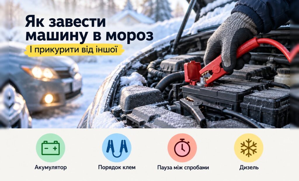 Як прикурити авто: рука в рукавичці чіпляє червоний затискач на плюс акумулятора в морозний день