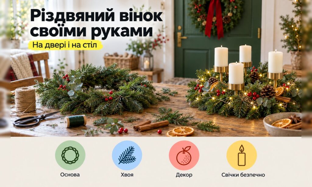 Різдвяний вінок своїми руками: на двері і адвент-вінок на стіл Різдвяний вінок своїми руками: руки збирають вінок з ялиці на дротяній рамці, поруч настільний вінок зі свічками