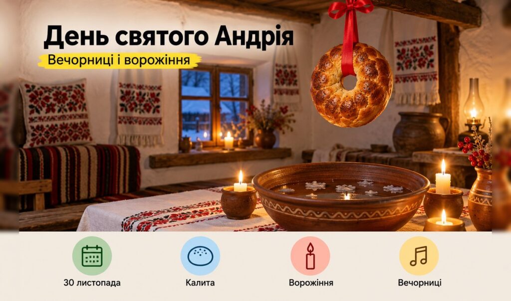День святого Андрія: калита на червоній стрічці і миска з воском на воді в українській хаті