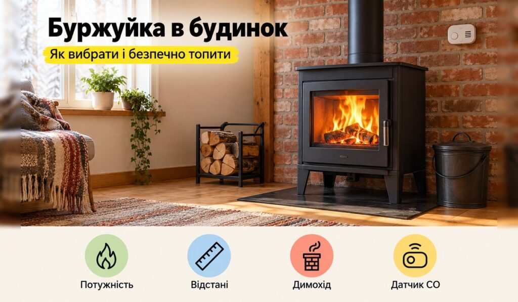 Буржуйка в будинку: металева піч на негорючій основі, дрова осторонь і датчик чадного газу на стіні