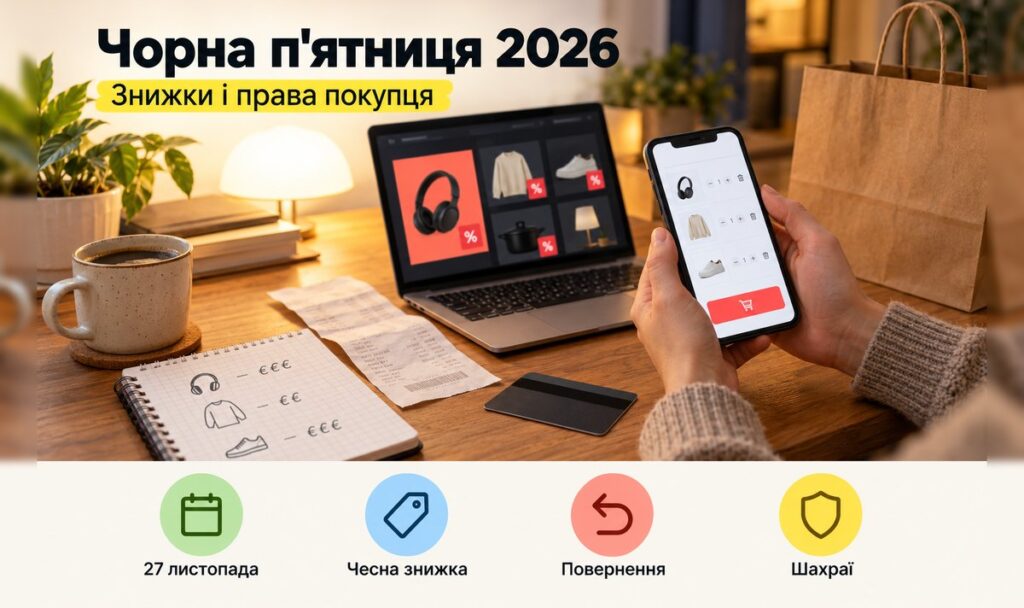 Чорна пʼятниця 2026: покупки зі знижками на ноутбуці і смартфоні, поруч чек і список цін