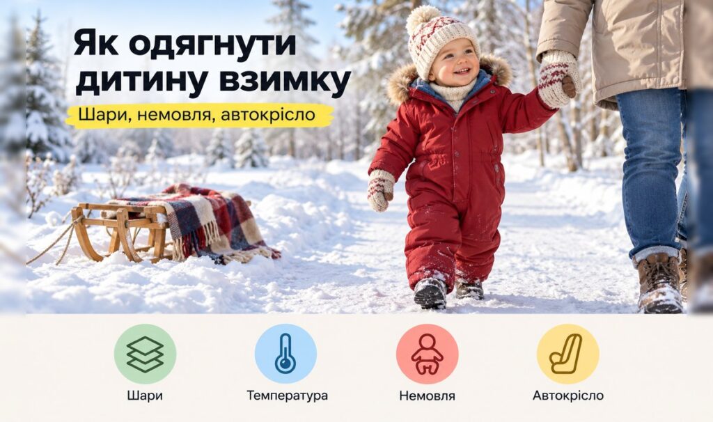 Як одягнути дитину взимку: шари, прогулянка з немовлям і автокрісло Як одягнути дитину взимку: малюк у теплому комбінезоні, шапці і рукавицях на прогулянці в снігу