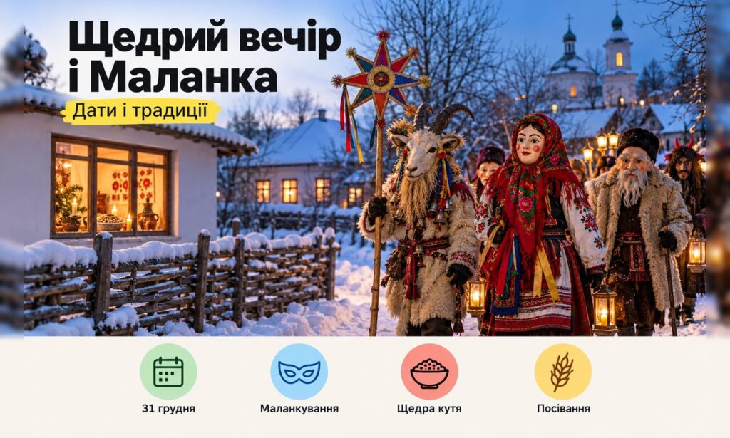 Щедрий вечір і Маланка 2026: дати, традиції і посівання на Василя Щедрий вечір і Маланка: маланкарі з козою і звіздою біля хати взимку