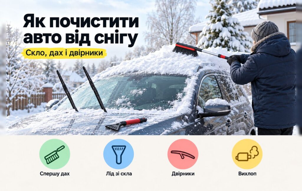 Як почистити машину від снігу: водій щіткою змітає сніг з даху авто, двірники підняті