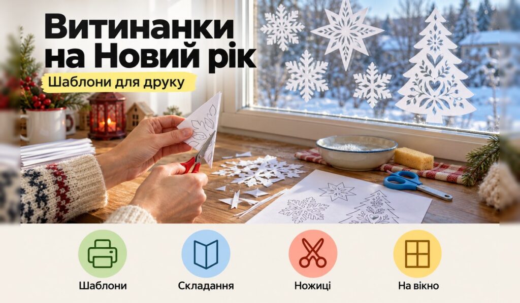 Витинанки на Новий рік: шаблони для друку, як вирізати і приклеїти Витинанки на Новий рік: руки вирізають паперову сніжинку, на вікні витинанки ялинка і сніжинки