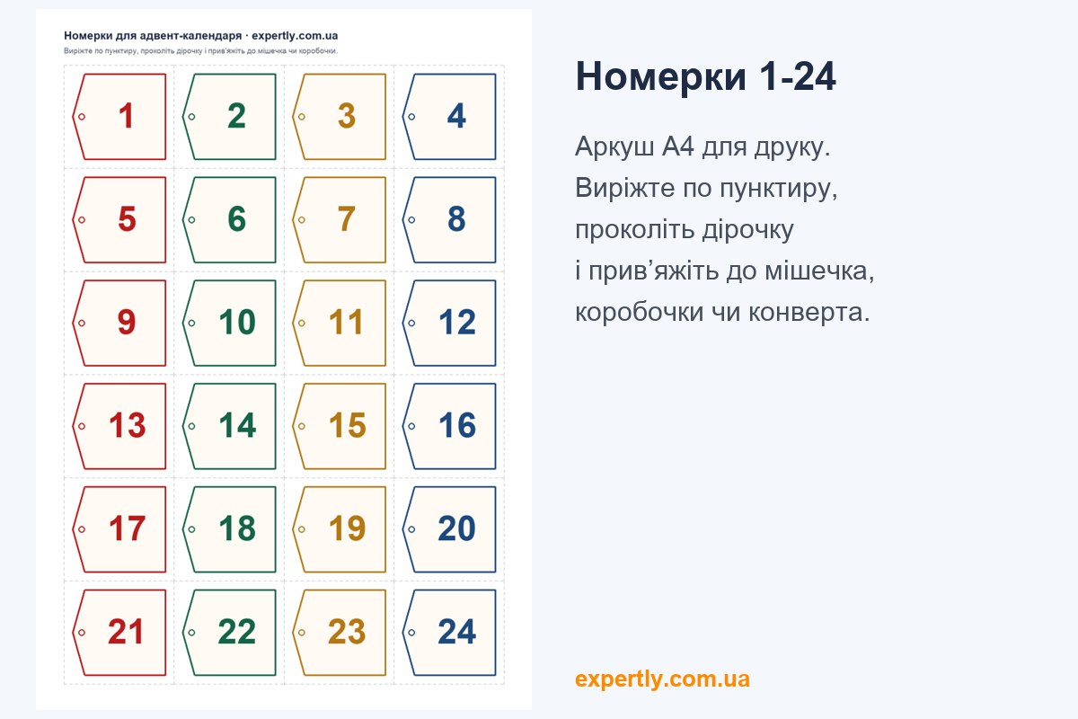 Адвент календар своїми руками: номерки 1-24 для друку