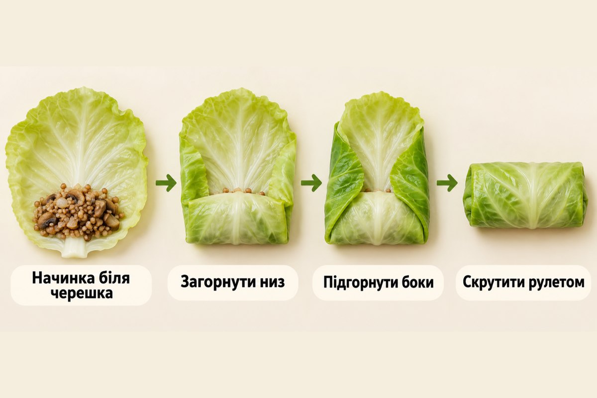 Як загорнути пісні голубці: начинка біля черешка, низ, боки і рулет